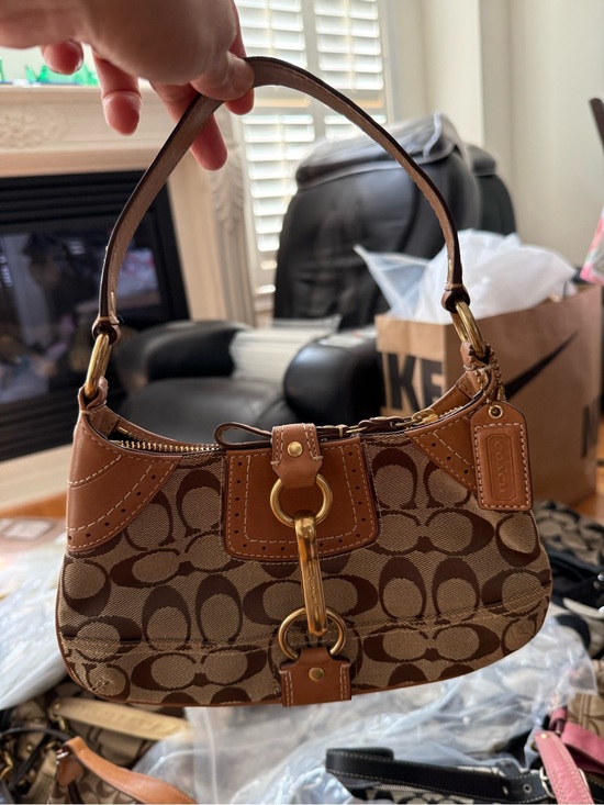 Coach Handbags - Coach Brown Signature Canvas Shoulder Bag with Tan Leather Trim